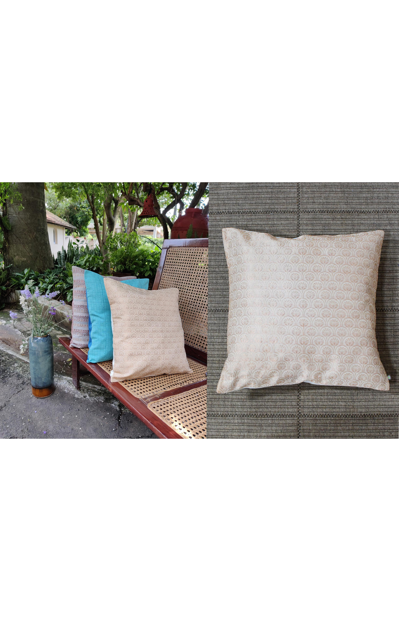 Handloom Organic Cotton Cushion Cover Off-White with Gold  